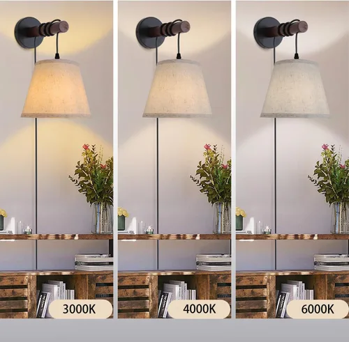 Miniatura 3 de Apliques de pared enchufables, lámpara de pared de cabecera con brazo de madera, luz de pared de tela con interruptor de encendido/apagado