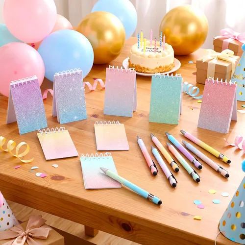 Miniatura 7 de Sherr Juego de 16 bolígrafos y cuadernos con purpurina, mini bloc de notas en espiral, bolígrafos elegantes para niños y niñas, lentejuelas