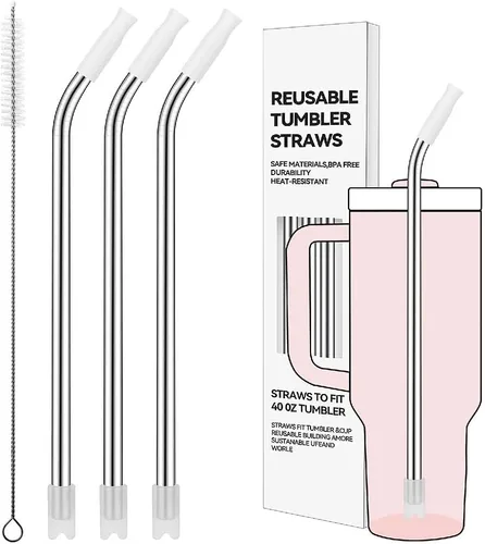 Miniatura 43 de Pajitas de metal rectas para vaso Stanley de 40 onzas, paquete de 3 popotes reutilizables de acero inoxidable con puntas de silicona y cepillo Gris