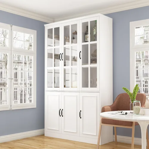 Miniatura 9 de Homsee Estantería alta con 5 estantes de almacenamiento y 2 puertas de vidrio, armario de almacenamiento de madera para oficina en casa, sala