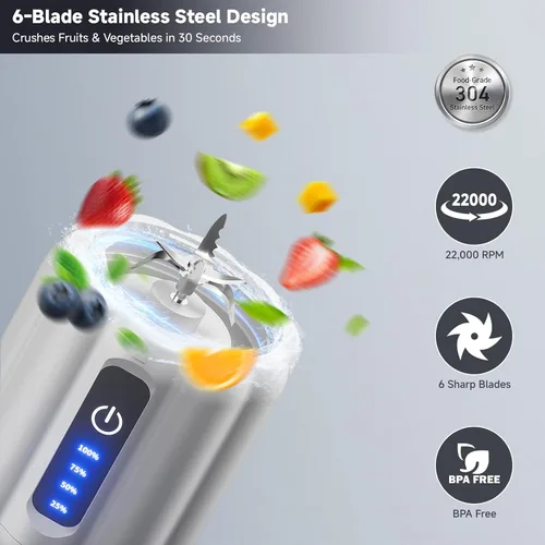 Miniatura 2 de Licuadora portátil, licuadora personal para batidos y batidos, pequeña mezcladora de jugo con pantalla LED, máquina de batido recargable USB C con 6