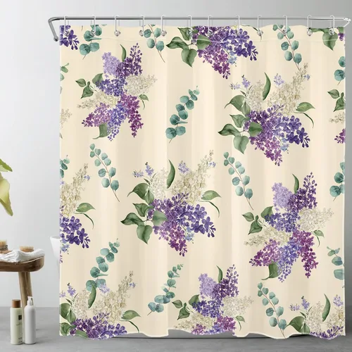 Miniatura 14 de EOBTAIN Cortina de ducha floral púrpura para baño, flores de acuarela y hojas de eucalipto verde sobre beige, cortina de ducha con 10 ganchos, juego