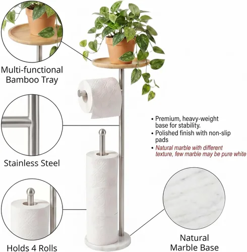 Miniatura 3 de Soporte para papel higiénico con bandeja grande de bambú de 7.9 pulgadas, base de mármol más pesada de 2.2 libras, soporte de papel de pie