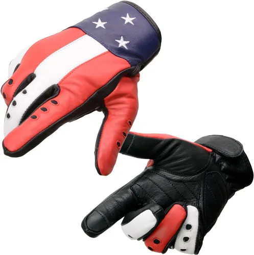 Milwaukee Leather MG7527 - Guantes de mano de motocicleta compatibles con pantalla táctil de cuero negro con estrellas y rayas para hombre