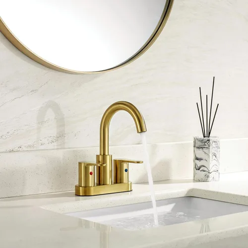 Miniatura 3 de TimeArrow Grifo de Lavabo de Baño Centerset de 2 Manijas en Oro Cepillado con Ensamble de Desagüe, Grifo de Lavatorio de Tocador de Baño Moderno