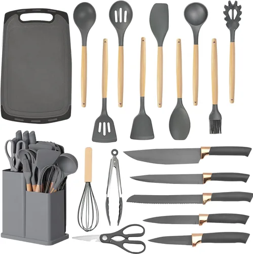 Miniatura 2 de Juego de utensilios de cocina y bloque de cuchillos de 19 piezas: 12 utensilios de cocina de silicona antiadherentes y resistentes al calor Gris