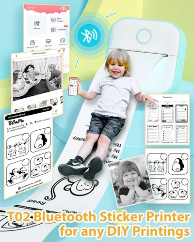 Miniatura 2 de Phomemo T02 - Juego de impresora con 3 rollos de impresora sin tinta de papel, mini impresora de calcomanías para impresora Bluetooth térmica