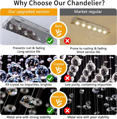 Miniatura 7 de Araña moderna de onda, araña rectangular de cristal con gotas de lluvia, montaje empotrado, lámpara colgante de techo cromada, ideal para comedor