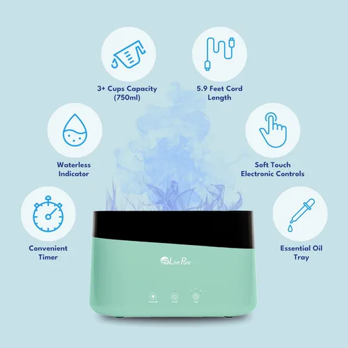 Miniatura 2 de LivePure LP300HUM Aqua Flame Humidificador de niebla fría – Pequeño humidificador ultrasónico de plantas para interiores con difusor de aceite Blanco