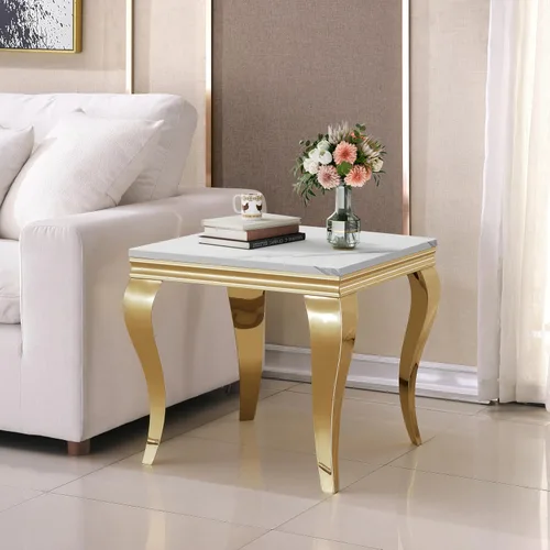 Miniatura 45 de SSLine Mesa de Centro Rectangular de Mármol Sintético para Sala de Estar, Mesa Central Moderna de Mármol Blanco de Lujo con Base Doble en Forma de U