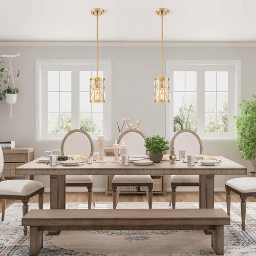 Miniatura 2 de MEXO Lámpara Colgante de Cristal Moderna Accesorio de Iluminación Paquete de 2 con Acabado Dorado Iluminación Colgante Candelabro de Cristal