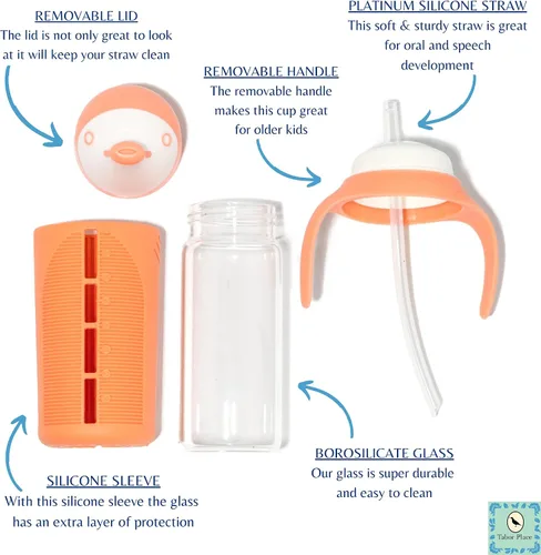 Miniatura 2 de Tabor Place Juego de 2 - Vaso sippy de vidrio para niños pequeños - The Luca A prueba de derrames Popote de silicona Azul y naranja 8 onzas
