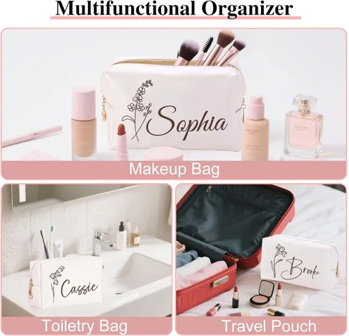 Miniatura 4 de Bolsa de maquillaje personalizada con nombre y flor de nacimiento, bolsas de cosméticos de cuero personalizadas para mujeres, bolsa de aseo de viaje