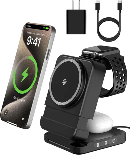 Estación de carga inalámbrica plegable 3 en 1, soporte de cargador magnético Qi2 de 15 W para iPhone, Samsung, Apple Watch, Galaxy Watch, AirPods y