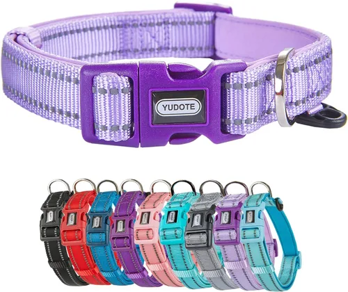 Miniatura 15 de Collar de nailon reflectante para perro con acolchado de neopreno transpirable, ajustable para perros pequeños (9.8 a 15 pulgadas, morado)