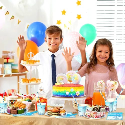 Miniatura 7 de Spakon Juego de 200 piezas de decoración de baby shower, platos de papel para fiesta de elefante, servilletas, tazas y vajilla, juego de vajilla Azul
