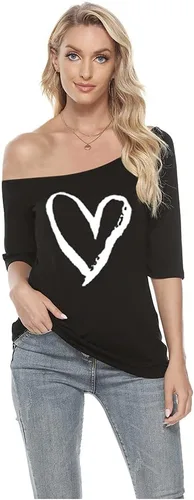 Miniatura 3 de MAGICMK Camiseta casual de talla grande con estampado de labios y hombros descubiertos para mujer
