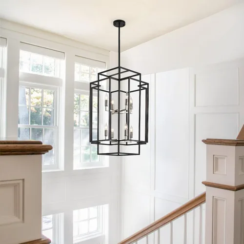 Miniatura 3 de Candelabro de techo alto para vestíbulo: 8 luces de granja para entrada, lámparas colgantes grandes industriales para entrada, escalera, pasillo