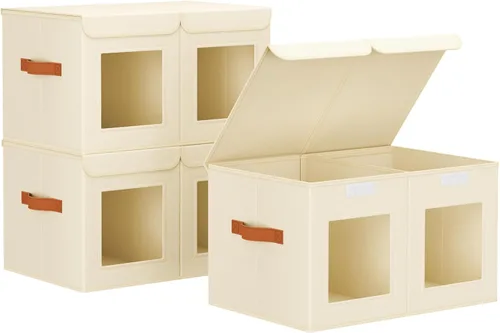 Miniatura 8 de Homsorout Contenedores grandes de almacenamiento para armario, organizador de ropa plegable dividido con tapas y doble ventana, contenedores Beige