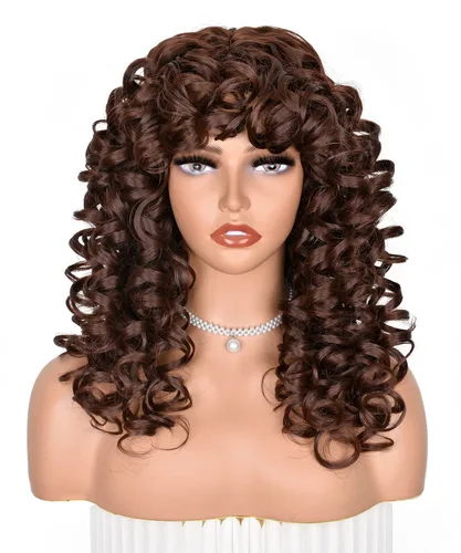 Miniatura 3 de ANNISOUL Pelucas rizadas marrones para mujeres negras, peluca afro larga con flequillo para mujeres, fibra sintética sin pegamento, pelo voluminoso