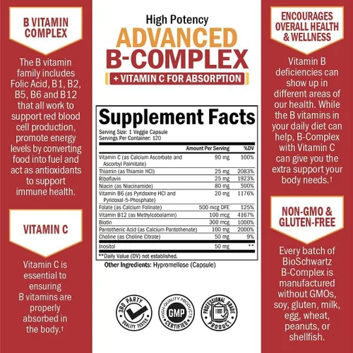 Miniatura 3 de Complejo de vitamina B con vitamina C para una máxima absorción, metilcobalamina b12 y suplemento de ácido fólico folato - B1 B2 B3 B5 B6 B7 B9