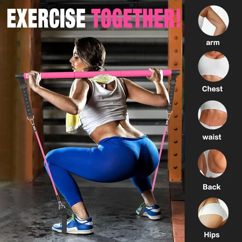 Miniatura 2 de Kit de barra de pilates Bbtops con bandas de resistencia, barra de pilates con bandas apilables, equipo de entrenamiento para piernas, cadera, Rosa