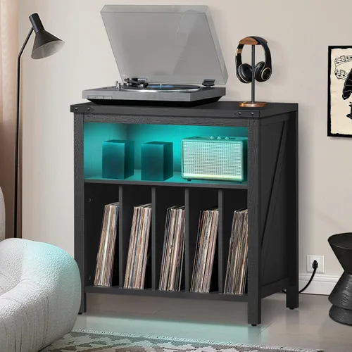 Miniatura 7 de Joaxswe Soporte Grande para Tocadiscos con Estación de Carga y Luces LED, Gabinete Portador de Almacenamiento de Discos de Vinilo que Sostiene hasta