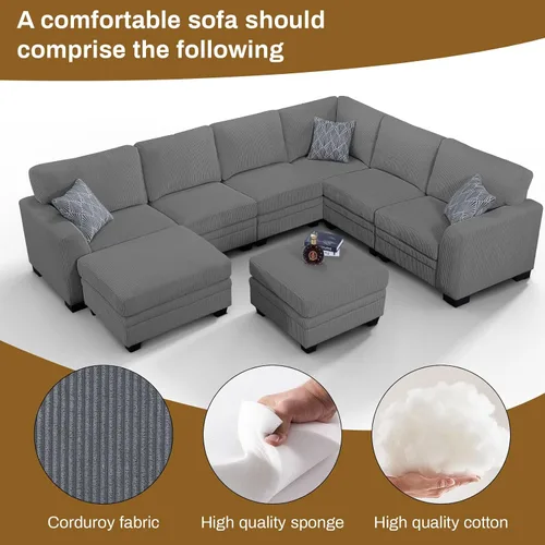 Miniatura 76 de Legend Vansen Sofá Seccional Modular de Gran Tamaño, Sofá en Forma de U de 7 Asientos con Otomana, Sofá de Pana con Asiento Profundo, Sofás Crema