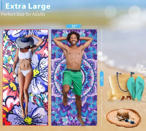 Miniatura 3 de Paquete de 2 toallas de playa ligeras de microfibra de gran tamaño de 71 x 32 pulgadas, extra grandes, delgadas sin arena, toallas de viaje