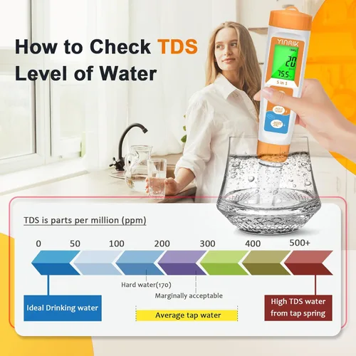 Miniatura 6 de YINMIK Probador de sal de piscina Nueva actualización Medidor de salinidad 5 en 1 pH TDS EC para piscinas de agua salada Probador de salinidad 5