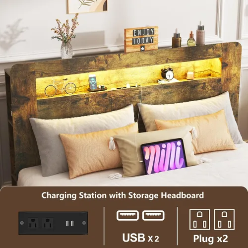 Miniatura 3 de Estructura de cama de madera tamaño Queen con cabecero de almacenamiento, estructura de cama de plataforma estilo granja con estante de biblioteca
