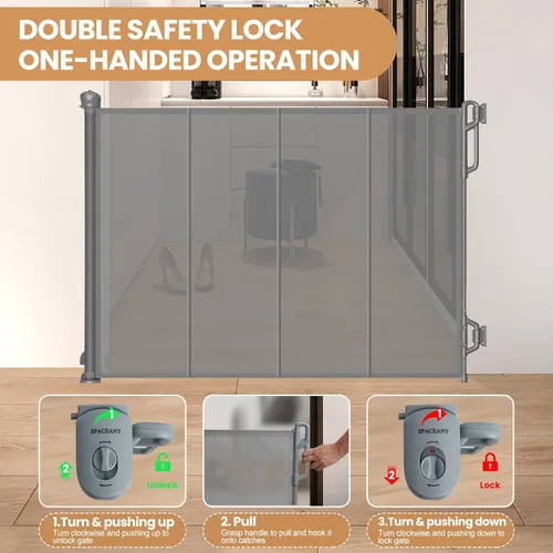 Miniatura 5 de SPACEANY Puerta retráctil reforzada para bebé, puerta de malla para perros, puerta de seguridad infantil para puertas, escaleras, pasillos, Gris