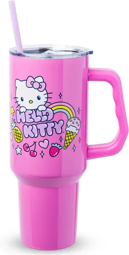 Miniatura 28 de Silver Buffalo - Vaso de acero inoxidable Sanrio Hello Kitty con flores de primavera y verano y rayas arcoíris, con asa y popote, compatible