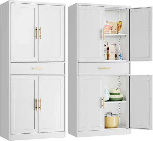 Miniatura 12 de Gabinete de metal para despensa de cocina, 71 pulgadas de alto x 28 pulgadas de ancho x 14 pulgadas de profundidad con 2 puertas y 4 estantes Negro