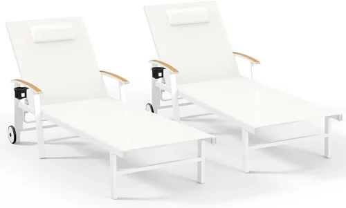 Miniatura 45 de Ciokea Sillón para exteriores con almohada, tumbona de aluminio de 5 posiciones con ruedas y reposabrazos, silla de piscina resistente de 400 libras