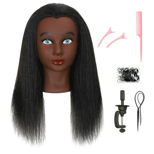 Miniatura 7 de Cabeza de maniquí con cabello humano 100% real para práctica afroamericana, maniquí estilo muñeca, cabeza trenzada, cosmetología, entrenamiento