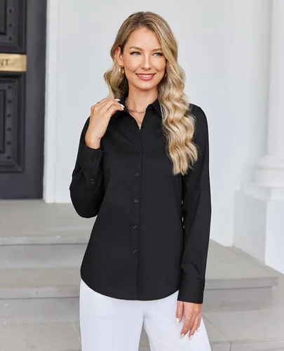 Miniatura 3 de siliteelon Camisa con botones para mujer: camisa de vestir con cuello de manga larga de algodón con botones, blusa de trabajo y oficina