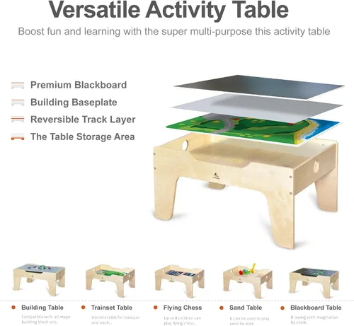 Miniatura 5 de Mesa de Juego de Actividades Todo en Uno para Niños con 290 Ladrillos de Construcción y Set de Tren de Madera de 30 Piezas, Vías, Coches, Pista