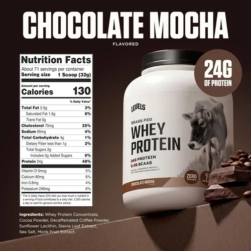 Miniatura 3 de Levels - Polvo de proteína de suero alimentado con pasto, sin artificiales, 24G de proteína, Chocolate Mocha, 5 libras