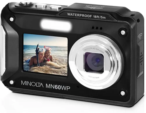 Minolta Cámara digital impermeable - Fotos de 48 MP, video 4K UHD, pantallas LCD duales, impermeable de 16 pies, zoom de 16X, antivibración, cámara