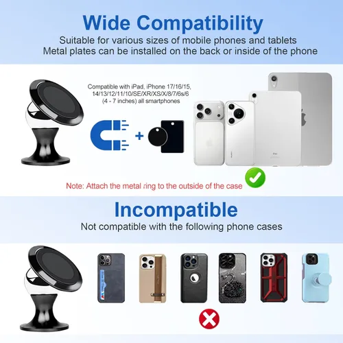 Miniatura 5 de Soporte magnético para teléfono de coche, imán fuerte para teléfono, soporte de accesorios [360°] hembra-macho - teléfono inteligente y navegación