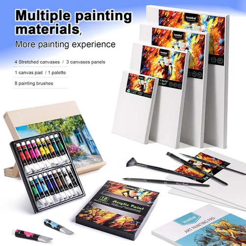 Miniatura 4 de koseibal Juego de arte acrílico con 18 pinturas acrílicas, 8 pinceles, 4 lienzos estirados, 1 caballete de madera, etc., kit de suministros