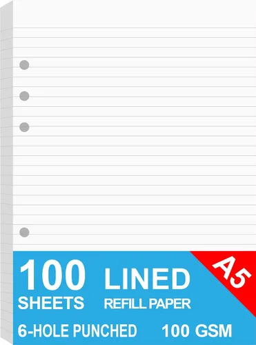 Papel rayado A5, recambios para planificador Filofax, organizador, carpetas, perforado de 6 agujeros, 100 hojas/200 páginas, 100 g/m², blanco, 5.8 x