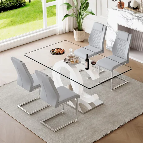 Miniatura 29 de gopop Mesa de comedor de cristal de 63 pulgadas, mesa de cocina moderna, mesa de comedor de vidrio transparente con patas de diseño único negro
