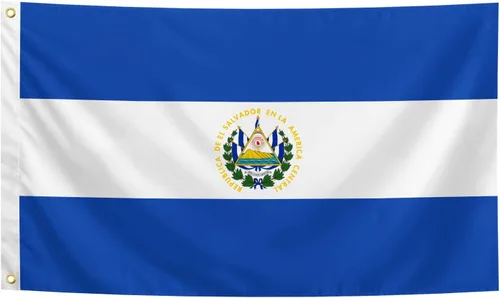 Bandera de Salvador de 3 x 5 pies con ojales de latón y bandera de doble costura, colores vibrantes para decoración de fiestas en interiores y