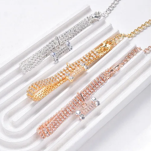 Miniatura 4 de Collar para perros, collar de gato, bonito y moderno con cristales brillantes de hueso, 3 filas de diamantes de imitación para mascotas, joya