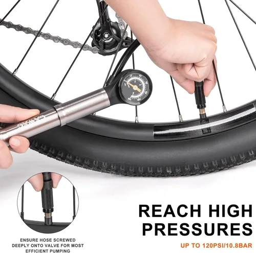 Miniatura 3 de CXWXC Bomba de bicicleta portátil - Mini bomba de bicicleta con manómetro se adapta a válvulas Presta y Schrader - Bomba de aire para bicicleta