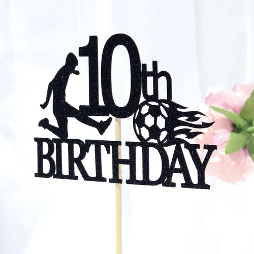 Miniatura 6 de Decoración para pastel de cumpleaños número 10 con purpurina negra, decoración para pastel de pelota de fútbol para 10 años de edad, saludos a 10