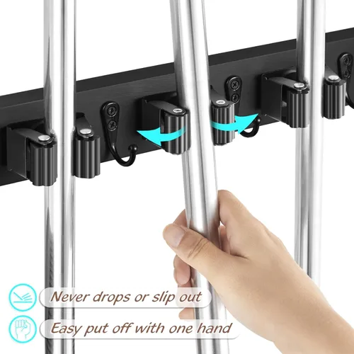 Miniatura 2 de OUTNILI Soporte de Pared Negro para Escoba y Trapeador con 4 Ranuras y 4 Ganchos - Colgador de Escoba y Trapeador de Madera Rústica para Despensa
