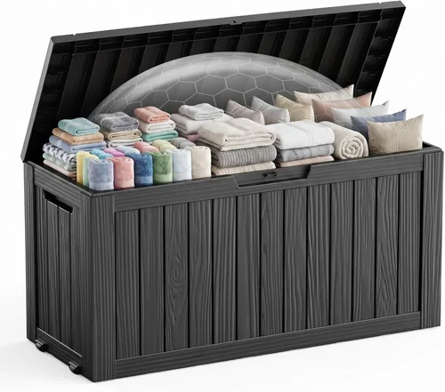 Miniatura 8 de EasyUp Caja de almacenamiento al aire libre de 30 galones, caja de resina para muebles, herramientas de jardín, cajas de almacenamiento exteriores